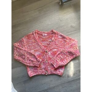 Pink lily cardigan sweater pink red orange women's small puff sleeve‎
